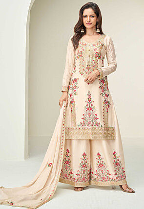 Embroidered Chinon Silk Pakistani Suit in Off White