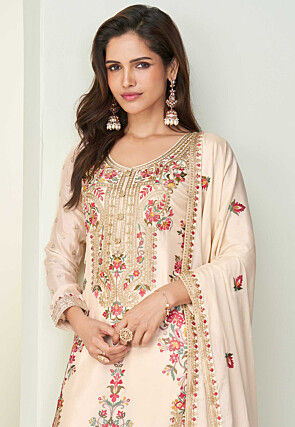 Embroidered Chinon Silk Pakistani Suit in Off White