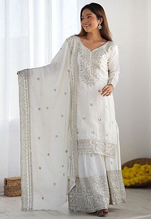 Embroidered Chinon Silk Pakistani Suit in Off White