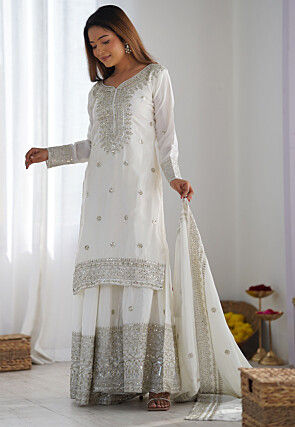 Embroidered Chinon Silk Pakistani Suit in Off White