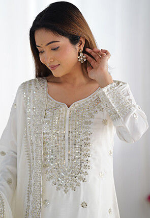 Embroidered Chinon Silk Pakistani Suit in Off White