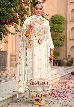 Embroidered Chinon Silk Pakistani Suit in Off White