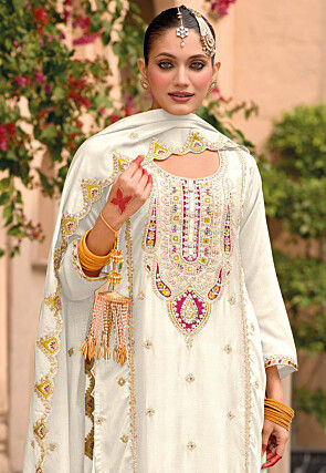 Embroidered Chinon Silk Pakistani Suit in Off White