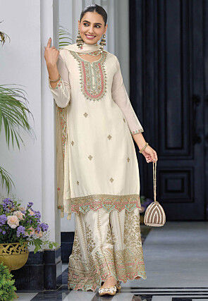 Embroidered Chinon Silk Pakistani Suit in Off White