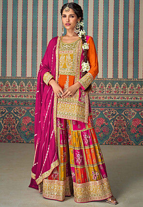 Embroidered Chinon Silk Pakistani Suit in Orange and Fuchsia