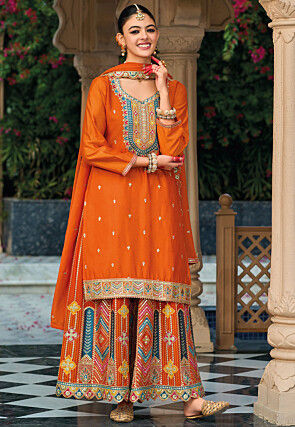 Embroidered Chinon Silk Pakistani Suit in Orange