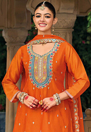 Embroidered Chinon Silk Pakistani Suit in Orange