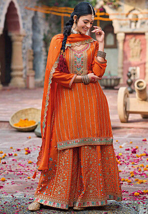 Embroidered Chinon Silk Pakistani Suit in Orange