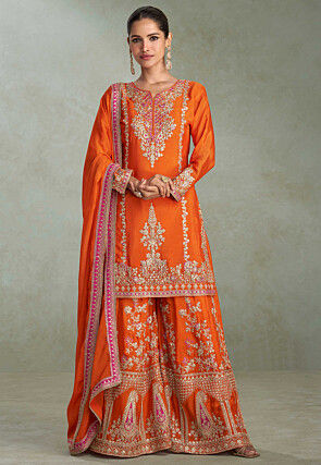 Embroidered Chinon Silk Pakistani Suit in Orange