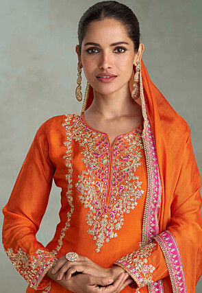 Embroidered Chinon Silk Pakistani Suit in Orange