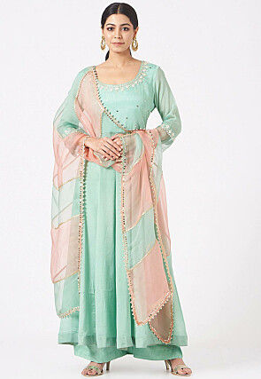 Embroidered Chinon Silk Pakistani Suit in Pastel Green