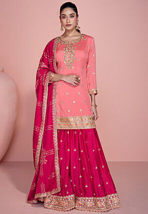 Embroidered Chinon Silk Pakistani Suit in Peach