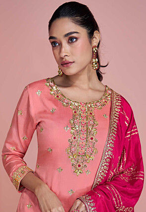 Embroidered Chinon Silk Pakistani Suit in Peach