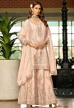 Embroidered Chinon Silk Pakistani Suit in Peach