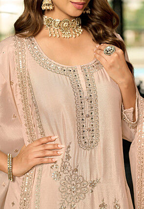 Embroidered Chinon Silk Pakistani Suit in Peach