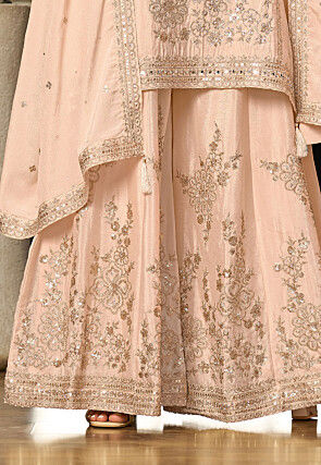 Embroidered Chinon Silk Pakistani Suit in Peach