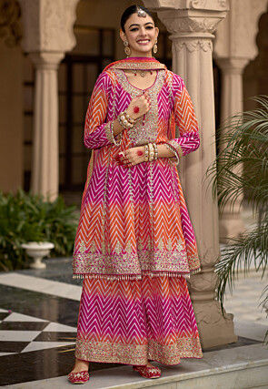 Embroidered Chinon Silk Pakistani Suit in Pink and Orange