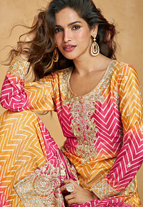 Embroidered Chinon Silk Pakistani Suit in Pink and Yellow