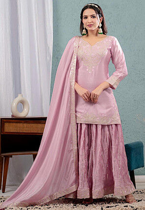 Embroidered Chinon Silk Pakistani Suit in Pink