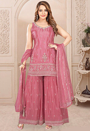 Embroidered Chinon Silk Pakistani Suit in Pink