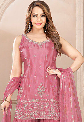 Embroidered Chinon Silk Pakistani Suit in Pink