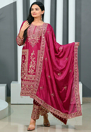 Embroidered Chinon Silk Pakistani Suit in Pink