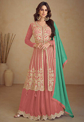 Embroidered Chinon Silk Pakistani Suit in Pink