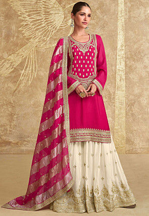 Embroidered Chinon Silk Pakistani Suit in Pink