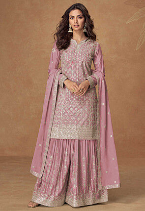 Embroidered Chinon Silk Pakistani Suit in Pink