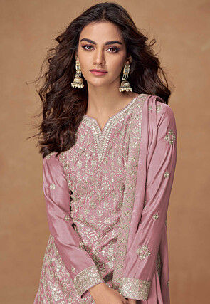 Embroidered Chinon Silk Pakistani Suit in Pink