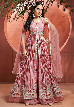 Embroidered Chinon Silk Pakistani Suit in Pink