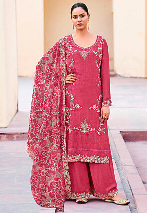 Embroidered Chinon Silk Pakistani Suit in Pink