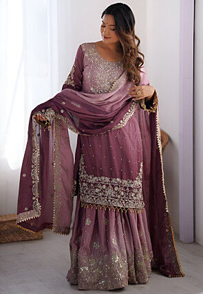 Embroidered Chinon Silk Pakistani Suit in Purple Ombre