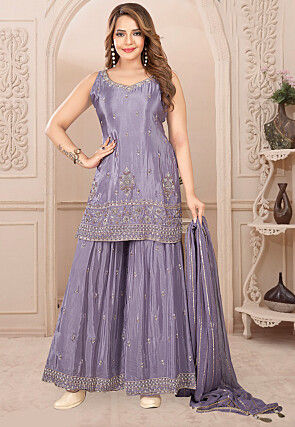 Embroidered Chinon Silk Pakistani Suit in Purple