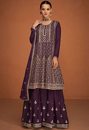 Embroidered Chinon Silk Pakistani Suit in Purple
