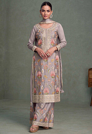 Embroidered Chinon Silk Pakistani Suit in Purple