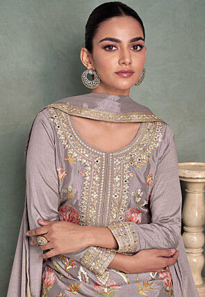 Embroidered Chinon Silk Pakistani Suit in Purple