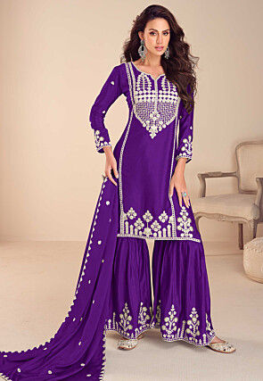 Embroidered Chinon Silk Pakistani Suit in Purple