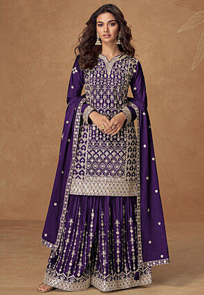 Embroidered Chinon Silk Pakistani Suit in Purple