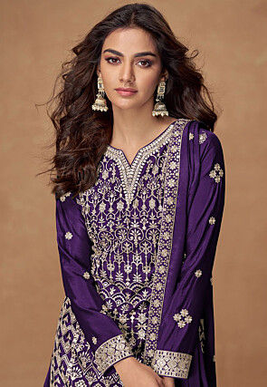 Embroidered Chinon Silk Pakistani Suit in Purple