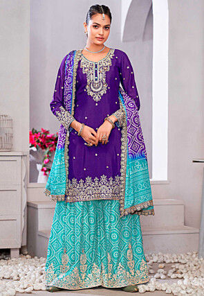 Embroidered Chinon Silk Pakistani Suit in Purple