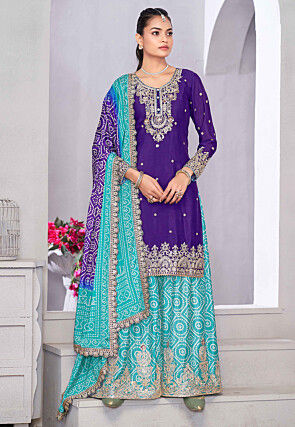 Embroidered Chinon Silk Pakistani Suit in Purple
