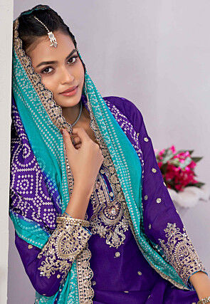 Embroidered Chinon Silk Pakistani Suit in Purple
