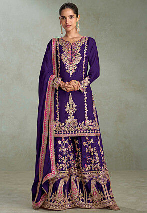 Embroidered Chinon Silk Pakistani Suit in Purple