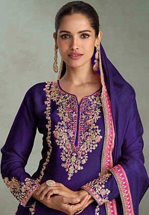 Embroidered Chinon Silk Pakistani Suit in Purple
