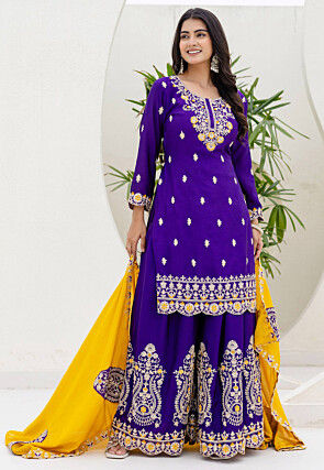 Embroidered Chinon Silk Pakistani Suit in Purple