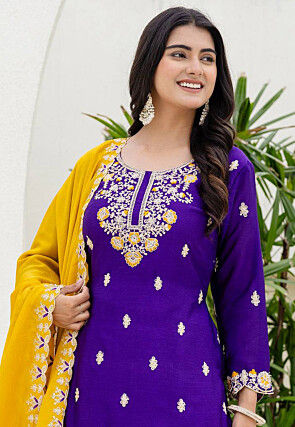 Embroidered Chinon Silk Pakistani Suit in Purple