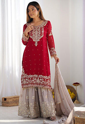 Embroidered Chinon Silk Pakistani Suit in Red