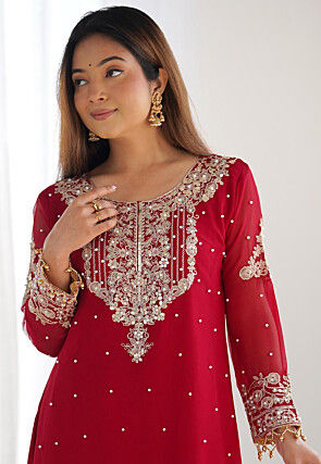 Embroidered Chinon Silk Pakistani Suit in Red