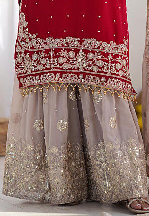 Embroidered Chinon Silk Pakistani Suit in Red